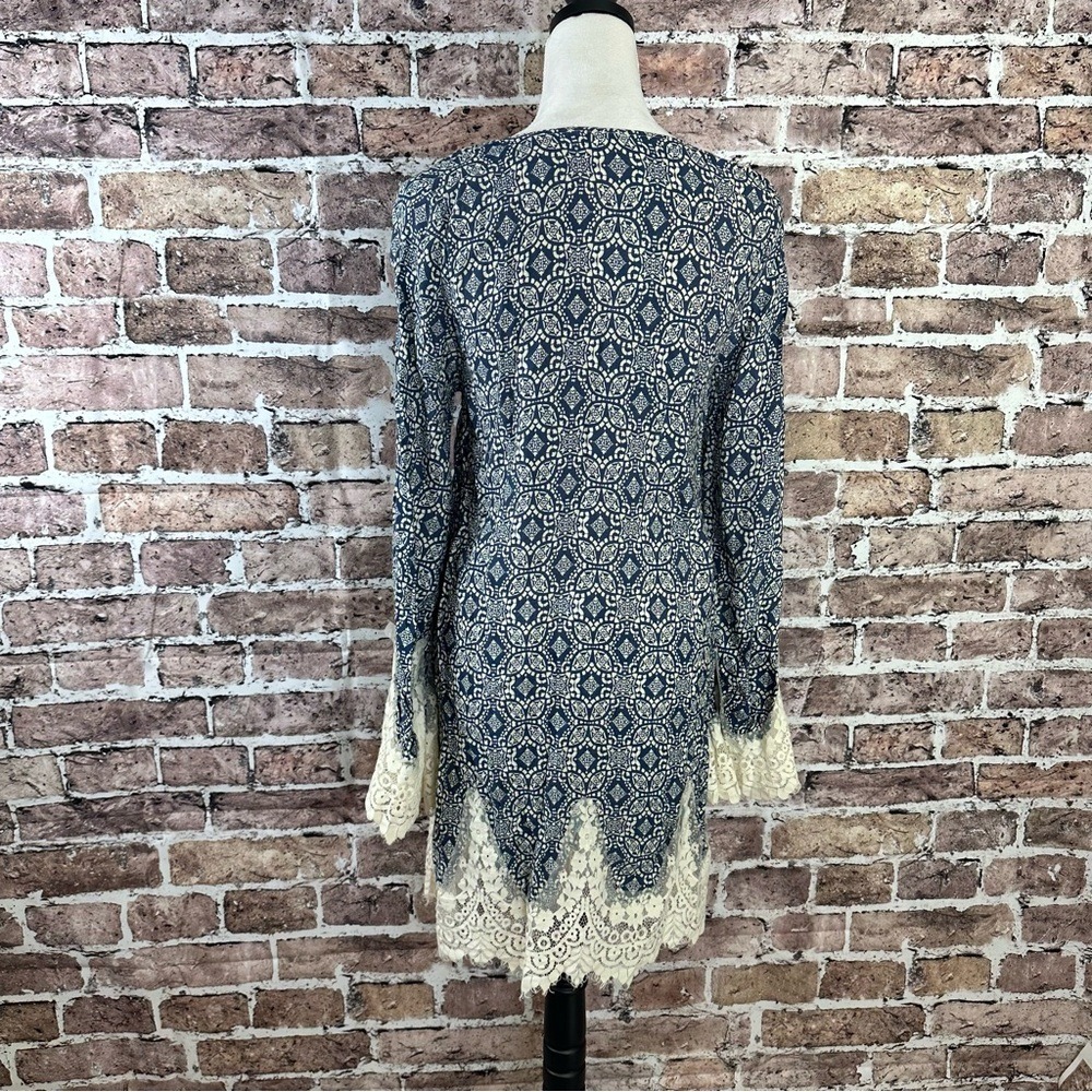 Blu Pepper Boho Crochet Lace Trim Tunic Dress Navy Geometric Print Size Large - Picture 5 of 14